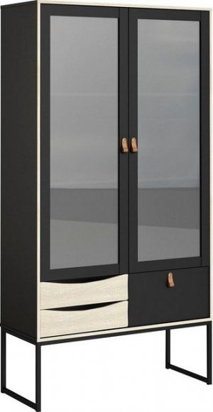 Home affaire Vitrine "Stubbe" mit zwei Rahmentüren mit Glas-Füllung, 3 Schubladen, edlen Stahlbeinen und Griffen aus echtem Leder.