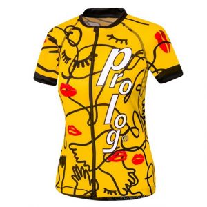 prolog cycling wear Radtrikot "Fahrradtrikot Damen kurzarm "Prolog faces gelb", Rennradtrikot eng geschnitten, mit kurzen, enganliegenden Ärmeln Slim fit"