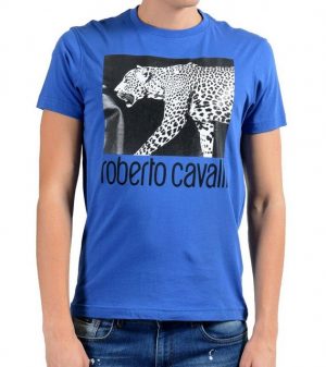 roberto cavalli Rundhalsshirt "roberto cavalli Shirt Leoparden-Print ausgefallenes Rundhals-Shirt für Herren Kurzarm-Shirt Blau"