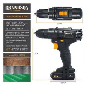 Brandson Akku-Bohrschrauber, 21 V Akkuschrauber - Akku Bohrschrauber - 21 V Lithium-Ionen Akku, 2 Geschwindigkeitsstufen, 32 Nm Drehmoment, Planetengetriebe, LED Arbeitslicht - Set mit 2 Akkus und Ladegerät