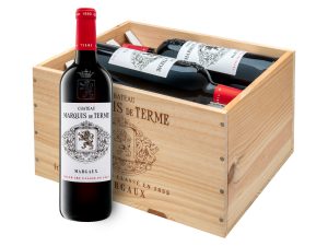 6 x 0,75-l-Flasche Château Marquis de Terme Margaux Grand Cru Classé AOC trocken, Rotwein 2018 - Original-Holzkiste