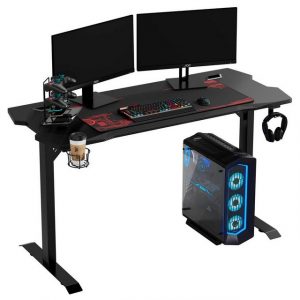 Homfa Gamingtisch (Gamer Computertisch PC Schreibtisch), mit Getränkehalter, Haken, Controller-Ständer und Mauspad, Schwarz