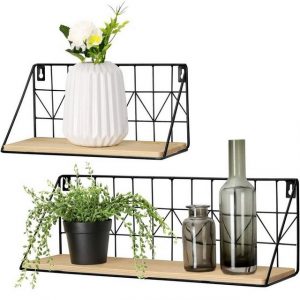 BEARSU Einlegeboden "Schweberegal Modernes Regalbrett Boho Deko Wandregal Holz Aufbewahrungsregale mit Metalldraht Gestelle Display Regal für Badezimmer Schlafzimmer Wohnzimmer Küche gewürzregal, Beige 2er-Set" (2 St)