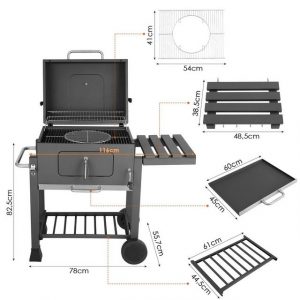 Femor Holzkohlegrill, Grau Grill(116,3x105,5x55,7cm), Grillwagen XXL mit Rädern, Smoker, Holzkohlegrill mit Deckel, Thermometer und Öffner, Kohleblech & Verstellbare Lüftungen, BBQ Grill für Camping /Garten/Hinterhof