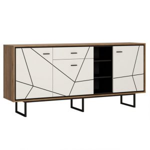 Lomadox Kommode "BRISTOL-129", Sideboard mit offenen Fächern in Catania Eiche Nb. mit schwarz und weiß Hochglanz, B/H/T: ca. 197,5/90,5/40 cm