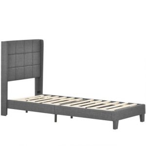 PHOEBE CAT Polsterbett, Einzelbett Jugendbett Holzbett 90x200 cm, Lattenrost aus Holz, Gepolstertes Kopfteil, Leinen