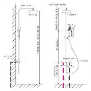 XIIW Brausegarnitur "Regendusche Duscharmatur mit Thermostat 38°C,Höhe 86-120cm Verstellbar", Höhe 39 cm, 2 Strahlart(en), Kopfbrause: 230 x 230mm eckig, Handbrause: 105 x 105mm, Brauseset Duschsystem