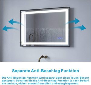 aqua batos LED-Lichtspiegel "Spiegel mit Beleuchtung 80x60 Wandspiegel Badezimmerspiegel Schwarz", Vertikal und Horizontal möglich,Touch,Antibeschlag,3 Lichfarben