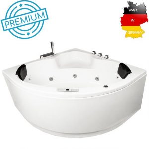 Basera® Whirlpool-Badewanne "PREMIUM Indoor Eck-Whirlpool Badewanne Maui 130 x 130 cm", (Komplett-Set), mit 21 Massagedüsen, Heizung, Ozongenerator, Bodenansaugung, Wasserfall, LED-Ambiente, Touchpanel, Bluetooth, Radio