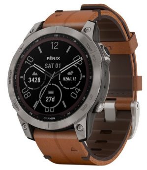 Garmin fenix 7 Saphir Solar Titan Grau mit Lederband Fitnessuhr (3.3 cm/1.3 Zoll, Proprietär), 1-tlg.