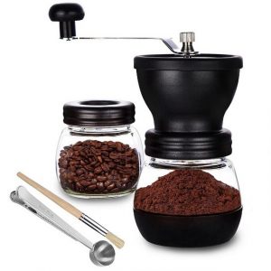 Leway Kaffeemaschine mit Mahlwerk Kaffeemühle mit Keramikmahlwerk, Kaffeemühle manuell, mit 2 Gläsern