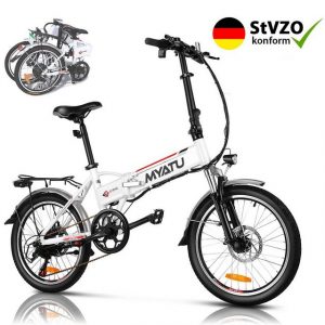 Myatu E-Bike "20 Zoll Klapprad E-Bike Faltrad,", 7 Gang Shimano mit 374Wh Lithium-Akku, bis zu 100km Reichweite Schaltwerk, Tretlagerschaltung, 250,00 W