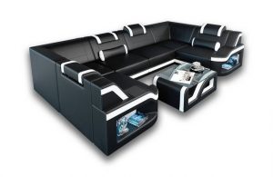 Sofa Dreams Wohnlandschaft "Padua - U Form Ledersofa", Couch, mit LED, wahlweise mit Bettfunktion als Schlafsofa, Designersofa