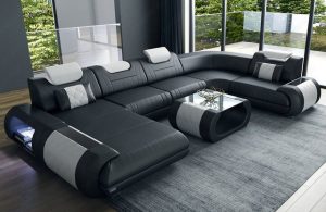 Sofa Dreams Wohnlandschaft "Rimini - U Form Ledersofa", Couch, mit LED, wahlweise mit Bettfunktion als Schlafsofa, Designersofa