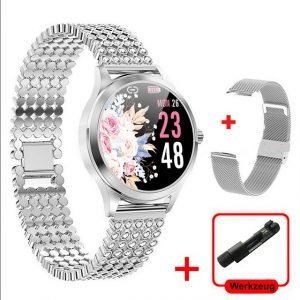 TPFNet SW37 Smartwatch (2.56 cm/1.09 Zoll), mit Diamant Strass + Milanaise Armband + Strap - individuelles Display - Armbanduhr mit Musiksteuerung, Herzfrequenz, Schrittzähler, Kalorien, Sportmodus etc. - Fitness-Tracker - Silber