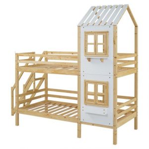 LBF Etagenbett Hausbett, mit Fallschutz und Fenster,HolzBett 90x200cm