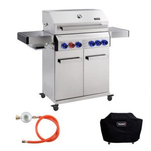 TAINO Gasgrill PLATINUM 4+2, Gasgrill mit Abdeckhaube, Gasdruckminderer und Gasschlauch, Piezozündung, Warmhalterost, Seitenbrenner bis 800°C