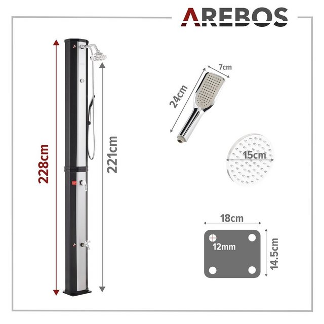 Arebos Solardusche 60L mit Thermometer und Handbrause schwarzsilber