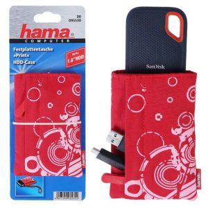 Hama Festplattentasche Tasche Print Rot 1,8" Case Schutz-Hülle Cover, Fach für Zubehör, Nylon Material, Tragegurt, Aufbewahrung Bag passend für 1,8" Zoll externe HDD tragbare Festplatte PC Notebook