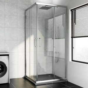 Boromal Dusch-Doppelschiebetür Duschkabine 100x80 80x100 Eckeinstieg Dusche 5mm ESG Glas 185/195H, 100x185 cm, Einscheibensicherheitsglas, Montage auf Duschtasse sowie ebenerdig möglich