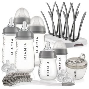 MiaMia Babyflasche PP-Flaschen Starter Set, 6 PP-Flaschen, Trinksauger, Milchportionierer, Bürste, Abtropfständer
