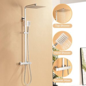 Auralum Duschsystem mit Thermostat Duscharmatur Regendusche Duschset Duschsäule Dusche, mit Quadrat Regenbrause 30 x 30 cm