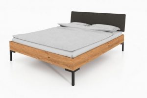 Natur24 Einzelbett Bett Seiba 1 Wildeiche 160x200 Polsterkopfteil Grau und Metallbeine