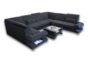 Sofa Dreams Wohnlandschaft Polstersofa Couch Stoff Sorrento U Form Stoffsofa, mit LED, USB-Anschluss, ausziehbare Bettfunktion, Designersofa