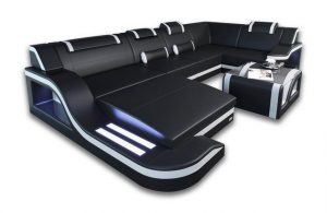 Sofa Dreams Wohnlandschaft Stoffsofa Couch Stoff Polstersofa Palermo U Form, mit LED, USB-Anschluss, ausziehbare Bettfunktion, Designersofa