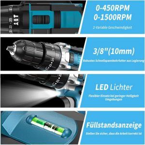 Yaviel Akku-Schraubendreher Akkuschrauber Set Bohrmaschinen Akku Schlagbohrschrauber Bohrschrauber, Universal Drill 21 V Batterien, 450 U/min, 45 Nm, Drehmoment, 2-Gang