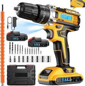 Yaviel Akku-Schraubendreher Akkuschrauber Set Bohrmaschinen Akku Schlagbohrschrauber Bohrschrauber, Universal Drill 21 V Batterien, 450 U/min, 45 Nm, Drehmoment, 2-Gang