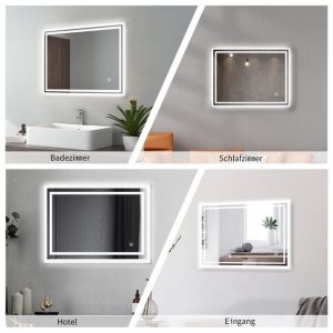 GOEZES Badspiegel Spiegel Bad mit beleuchtung 80x60 Led Touch Wandschalter mit ohne Uhr (Wandspiegel Speicherfunktion, Warmweiß, Kaltweiß, Neutral), Helligkeit Dimmbar