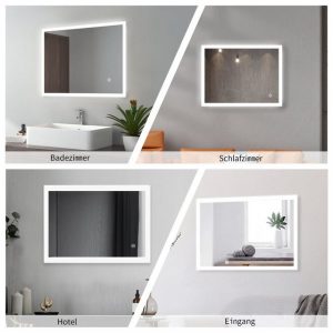 GOEZES Badspiegel Wandspiegel Led Memory-Funktion Helligkeit/Lichtfarben dimmbar 50 x 70 (Badezimmerspiegel mit Beleuchtung,Spiegel led,Lichtspiegel, 1-St., 70x50/50x70cm), 6500K/4000K/3000K,energiesparender,IP44