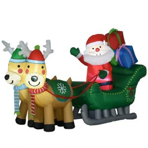 HOMCOM Weihnachtsfigur Weihnachtsmann mit Rentieren, inkl. Gebläse, In-und Outdoor (Weihnachtsdeko, 1 St., Aufblasbare Weihnachtsdekoration), mit LED-Lichter