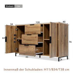 SEEZSSA Sideboard Kommode in Dunkle Eiche Highboard, Sideboard mit 2 Türen und 3 Schubladen 120 x 40 x 76 cm