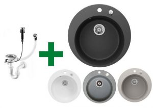 Faizee Möbel Granitspüle Granit Spüle Einbauspüle rund Spülbecken+Drehexcenter+Siphon 49cm, Rund