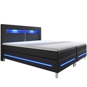 Juskys Boxspringbett Norfolk, 180 x 200 cm, Bett mit Federkernmatratze, Topper, Kopfteil und LED-Beleuchtung