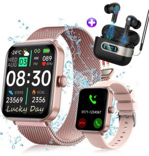 KUGI Bluetooth Kopfhörer & Smartwatch (4.85 cm/1.91 Zoll) Smartwatch (1,9 Zoll) Kopfhörer Kabellos & Smartwatch Damen Herren mit Telefonfunktion,Android und IOS, IP67 Wasserdicht mit schrittzähler Pulsmesser Schlafmonitor