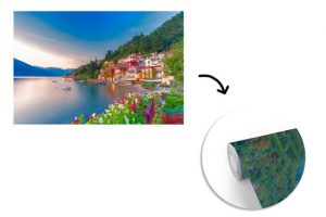 MuchoWow Fototapete Italien - Sonnenuntergang - See, Matt, bedruckt, (10 St), Vinyl Tapete für Wohnzimmer oder Schlafzimmer, Wandtapete