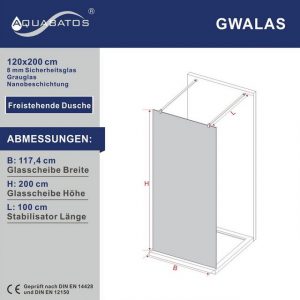 AQUABATOS Walk-in-Dusche Duschwand Duschabtrennung Walk in Dusche, 8 mm Einscheibensicherheitsglas mit Nano Beschichtung Graues Glas, Echtglas, 97,4 x 200 cm, 117,4 x 200 cm, Barrierefrei