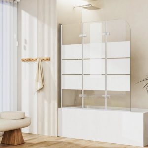 Boromal Badewannenaufsatz Duschwand für Badewanne Glas 3teilig 120x140cm klar/Gestreift für Glas, (Klarglas /Teilsatiniert glas), Badewannenfaltwand Glaswand 6mm ESG Glas