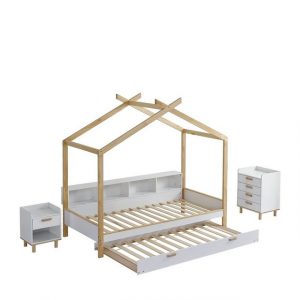 Celya Hausbett Kinderbett mit vier Fächern Regale, Hausbett+Nachttisch+Kommode