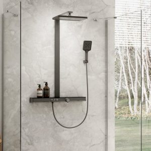EMKE Duschsystem Duschsystem Design Duschset mit Theramostat 38°C Sicherheitsschlösser, Regendusche, Wasserfall-Auslauf, Handbrause, Mattschwarz