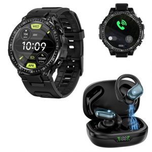 HYIEAR Smartwatch Damen Herren, Bluetooth Kopfhörer 5.3, Android/iOS Smartwatch, mit austauschbaren Armbändern, Ladekabeln Drei Paar Ohrstöpsel, Sportarmband,FitnessUhr