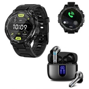 HYIEAR Smartwatch Damen Herren, In-Ear-Kopfhörer Bluetooth, für Android/iOS Smartwatch, mit austauschbaren Armbändern, Ladekabeln Drei Paar Ohrstöpsel, Sportarmband, Fitnessuhr