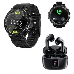 HYIEAR Smartwatch Damen Herren, Kopfhörer Bluetooth 5.3, für Android/iOS Smartwatch, mit austauschbaren Armbändern, Ladekabeln Drei Paar Ohrstöpsel, Fitnessuhr