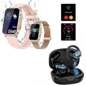 HYIEAR Smartwatch Damen und Herren, Bluetooth Kopfhörer, IPX5 wasserdicht Smartwatch (4.5 cm/1.77 Zoll) Packung, mit austauschbaren Armbändern, Ladekabeln Drei Paar Ohrstöpsel, Sportarmband, Fitnessuhr