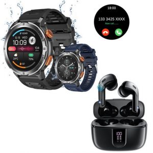 HYIEAR Smartwatch Damen und Herren, In-Ear-Kopfhörer Bluetooth 5.3, Smartwatch Packung, mit austauschbaren Armbändern, Ladekabeln Drei Paar Ohrstöpsel, Sportarmband