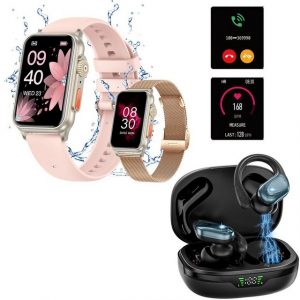 HYIEAR Smartwatch Damen und Herren, In-Ear-Kopfhörer mit Bluetooth, IPX5 Smartwatch (4.5 cm/1.77 Zoll) Packung, mit austauschbaren Armbändern, Ladekabeln Drei Paar Ohrstöpsel, Sportarmband, Fitnessuhr
