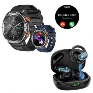 HYIEAR Smartwatch Damen und Herren,In-Ear-Kopfhörer mit Bluetooth, IP68 Smartwatch, mit austauschbaren Armbändern, Ladekabeln Drei Paar Ohrstöpsel, Sportarmband, Fitnessuhr
